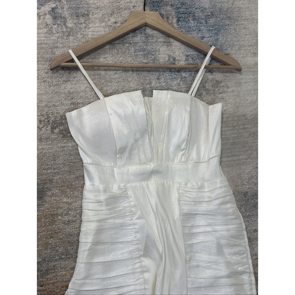 Y2K Ivory‎ Bodycon Mini Dress Ruched Satin Spaghetti Strap Party Size M